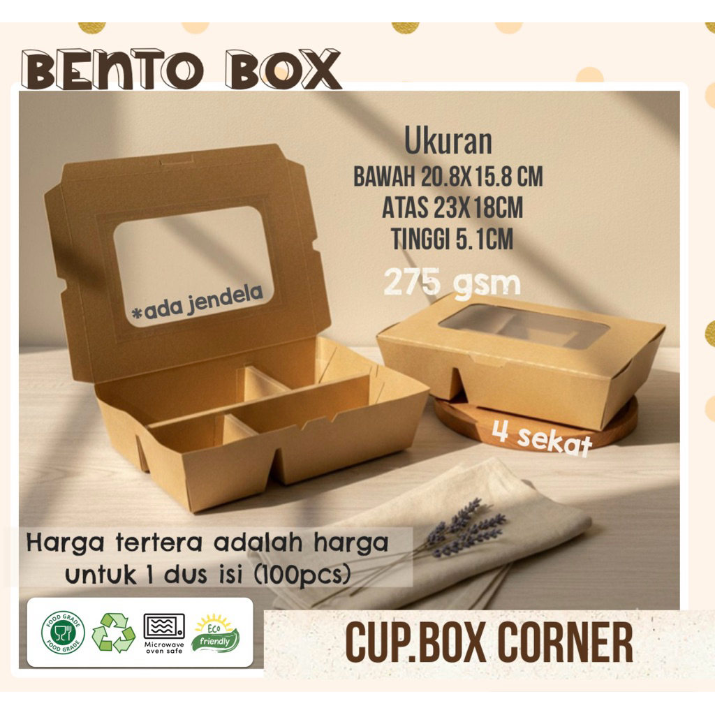 food grade lunch box/bento box kraft coklat sekat 4 jendela