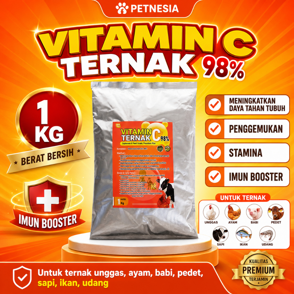 VITAMIN C TERNAK 98% 1KG - Meningkatkan Daya Tahan Tubuh Penggemukan, Stamina, Imun Booster Ternak U