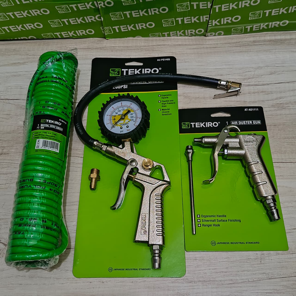Paket Isi Angin Tekiro Selang Spiral 6 Meter + Air Chuck - Semprotan Angin + Inflator Gun 3 in 1 - T