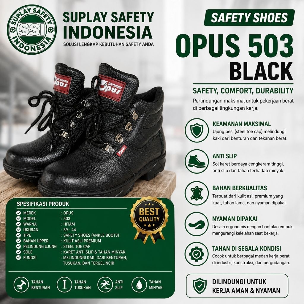 SEPATU SAFETY OPUS 503 WARNA HITAM/BLACK - OPUS 503 - SAFETY SHOES