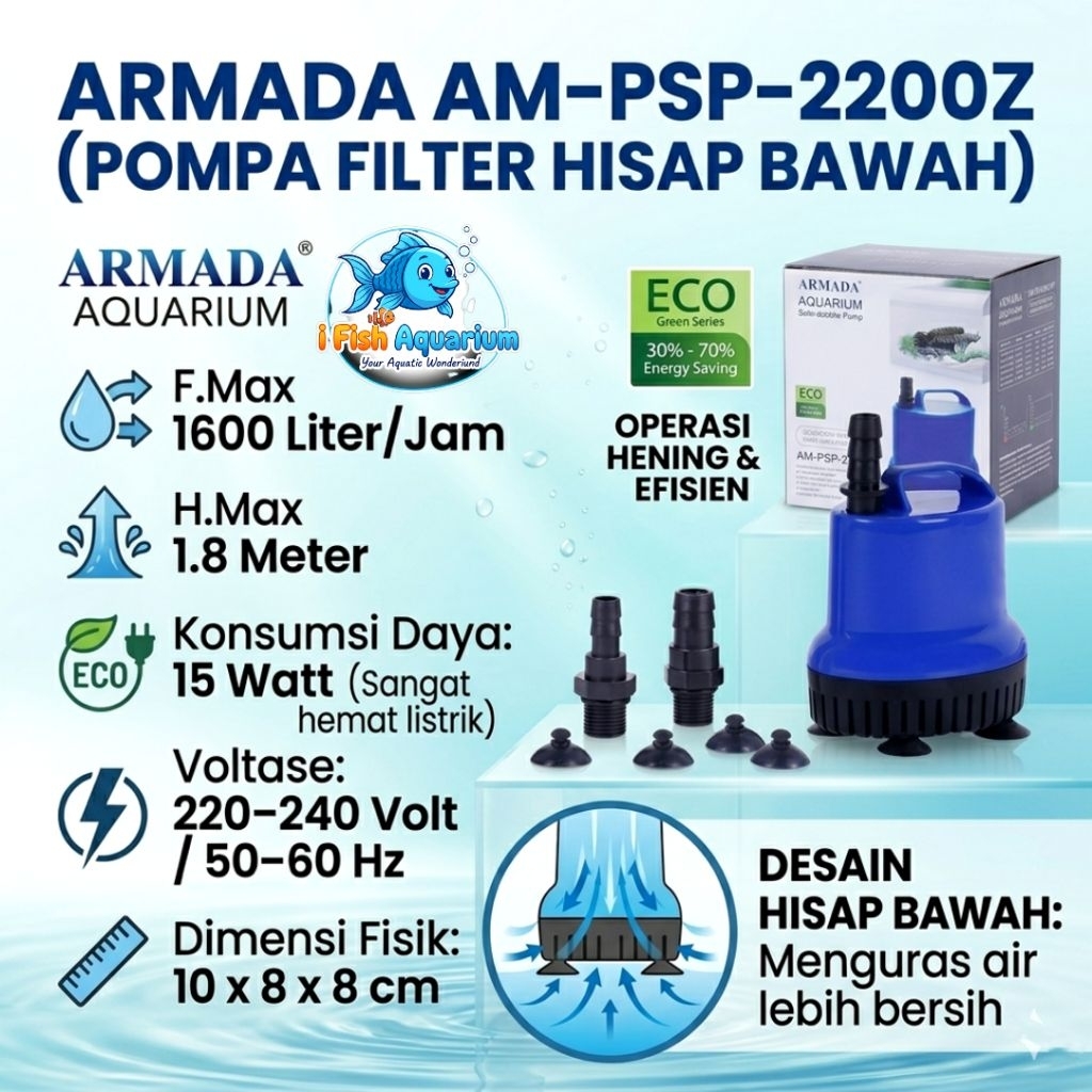 Armada Pompa Filter Aquarium Hisap Bawah AM-PSp-2200Z F.Max 1600 Liter/Jam H.Max 1.8 Meter ECO Hemat