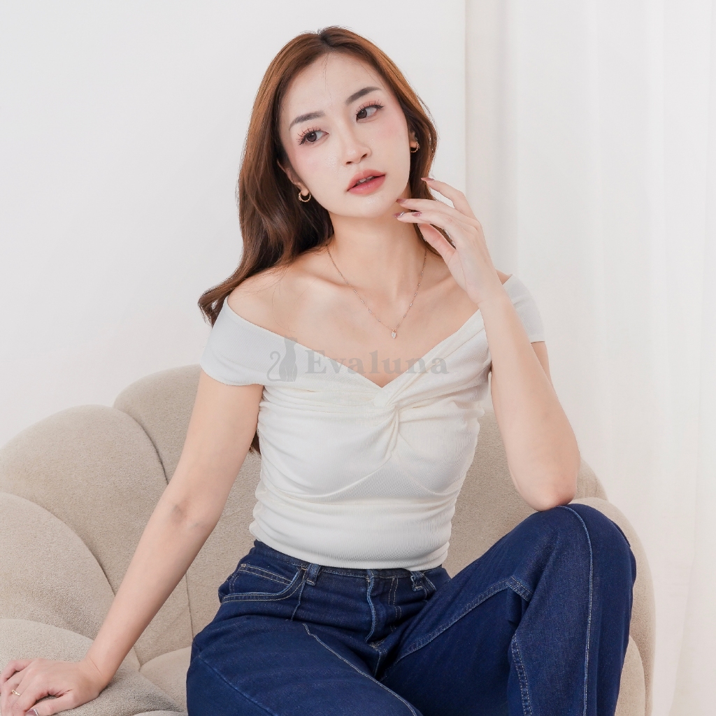 [EVALUNA] Atasan Wanita Korean Casual - JULIE Off Shoulder Twisted Tops Sabrina