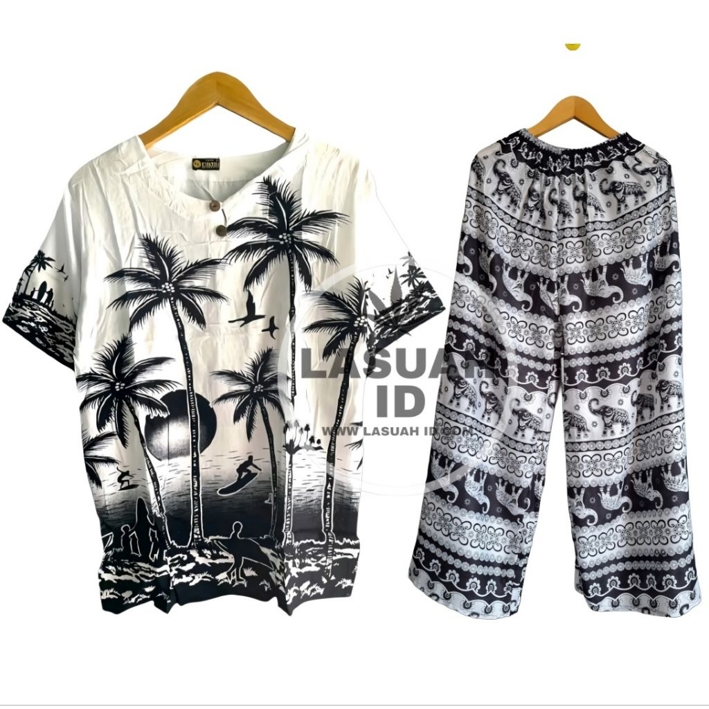 Lasuah_id Setelan pria dan wanita kaos Bal Motif Kelapa Celana gajah Viral  pria dan wanita unisex B