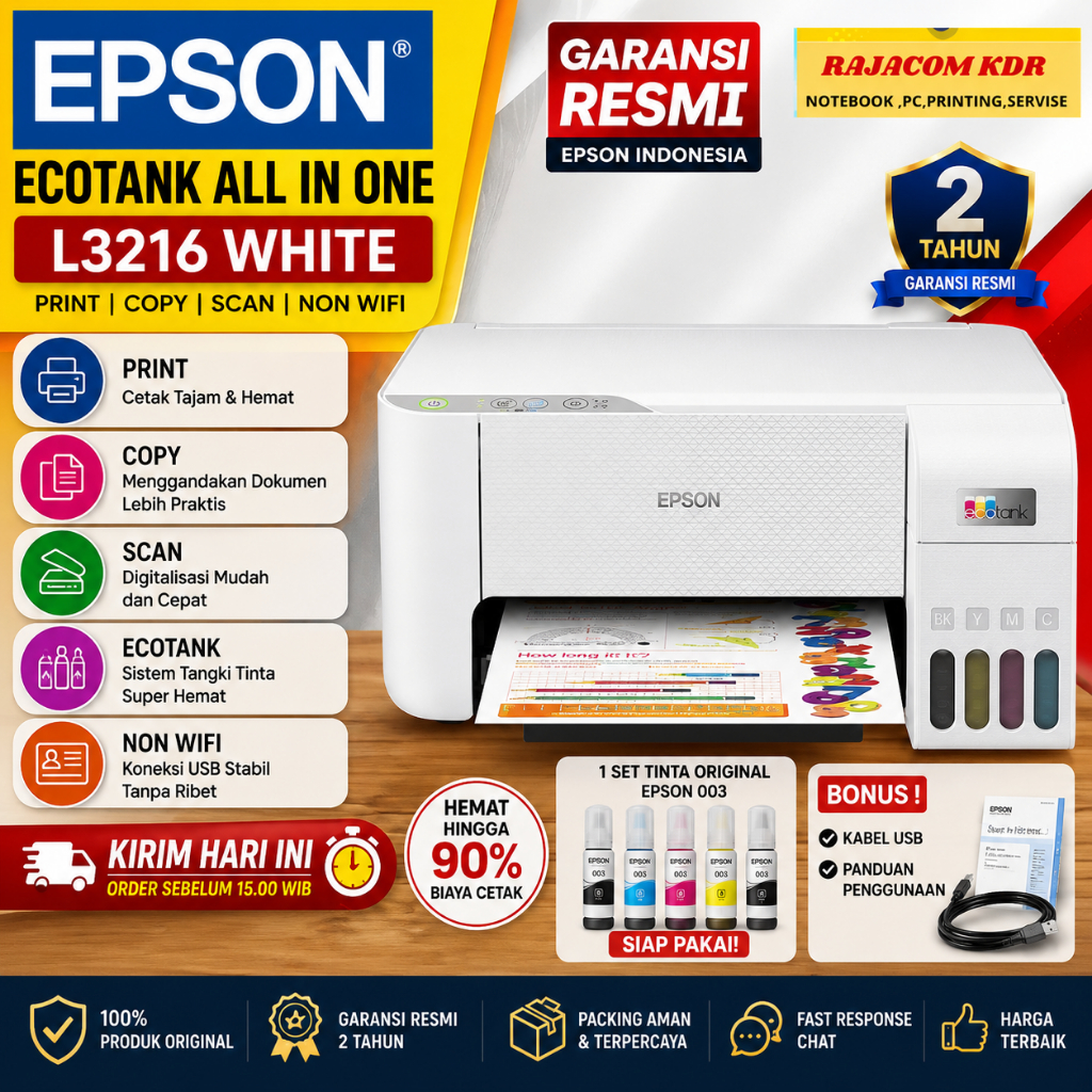 Epson Printer L3216/L3210 Warna Putih Multifungsi Eco Tank Printer Scanner Print F4