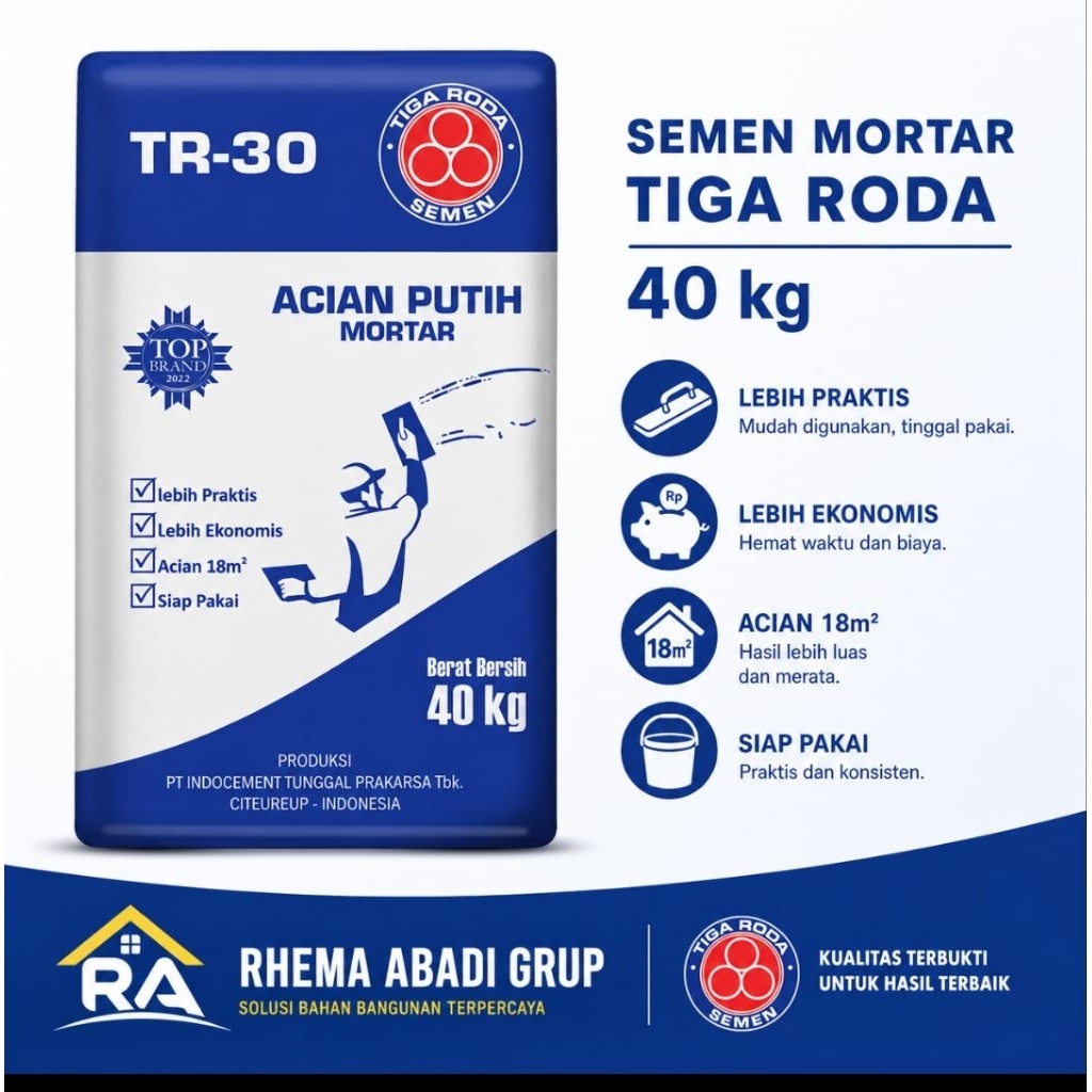 Semen Mortar Tiga Roda TR-30 Acian Putih 40 Kg Siap Pakai