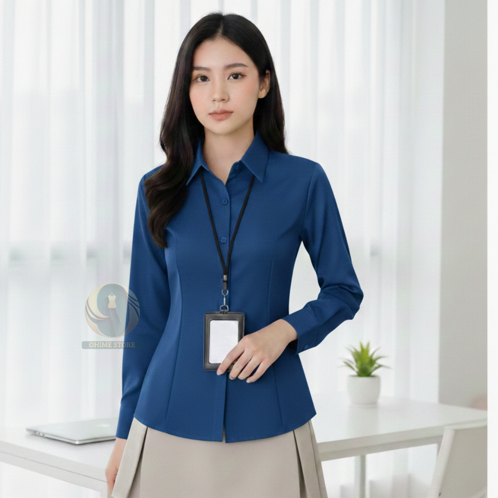 OHIME - Athena Fitted Shirt Fit Body Kemeja Wanita Basic Lengan Panjang Baju Kerja Warna Putih Size 