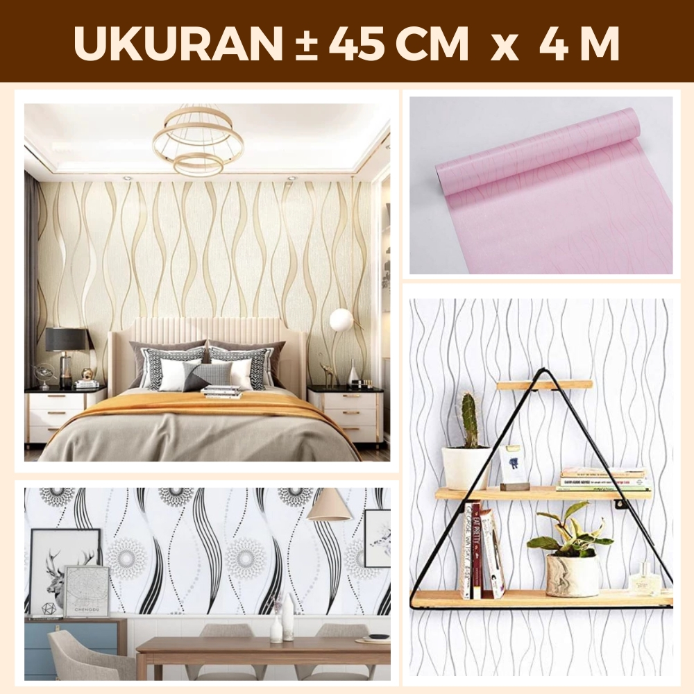 Wallstiker Wallpaper Dinding Ruangan Motip Gelombang Warna Cream Silver Wolpeper Salur Cakra Gold