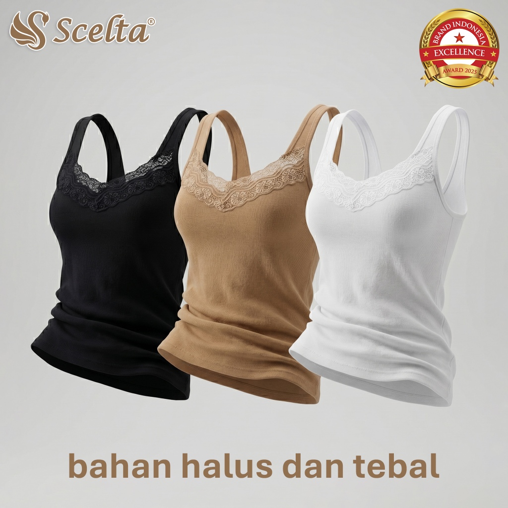 Scelta - Atasan Tank Top Wanita Katun Tanktop Polos Renda Tali Besar Hitam Putih Coklat 1085