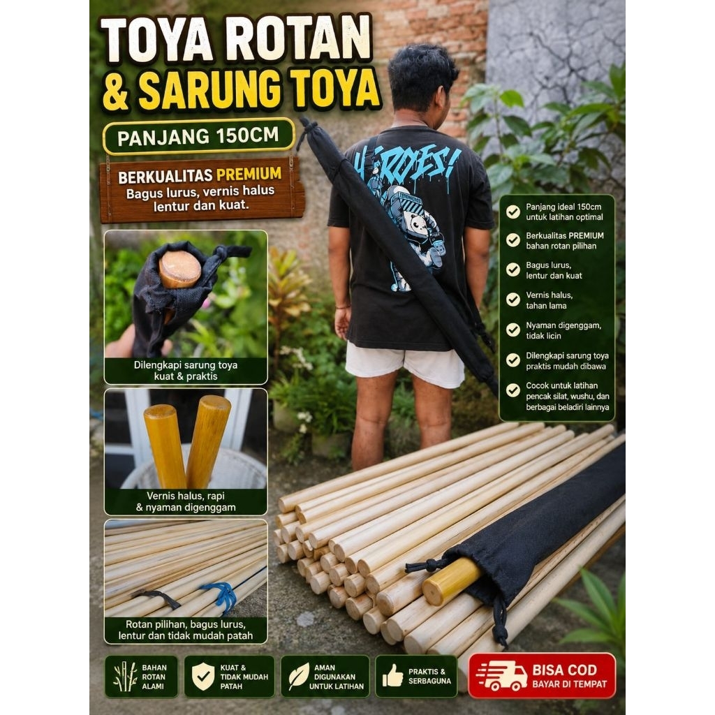 Rotan Asli Toya rotan toya silat tongkat silat toyak rotan silat toyak pencak silat (Panjang 150cm)