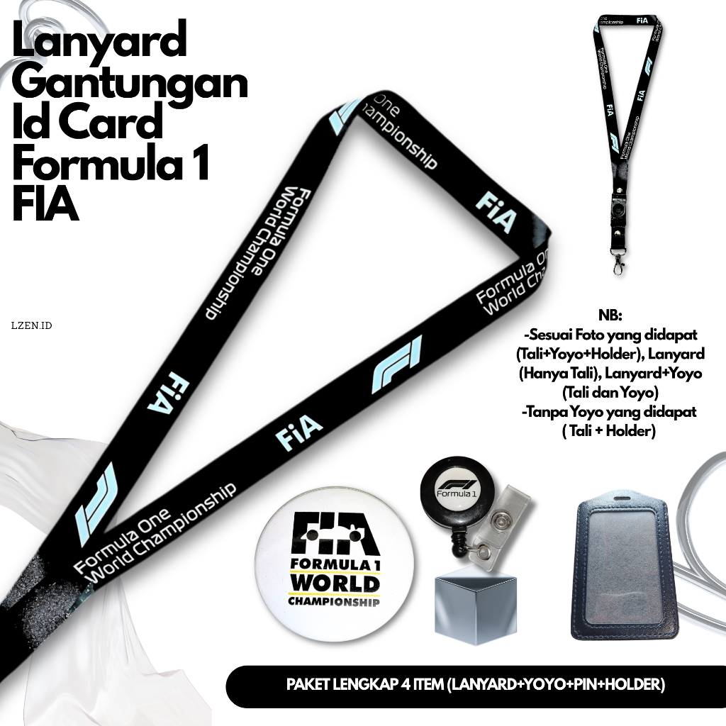 TALI/LANYARD GANTUNGAN ID CARD FORMULA 1/FIA HITAM TERBARU LENGKAP ISI 4 ITEM (TALI+YOYO+PIN+HOLDER)