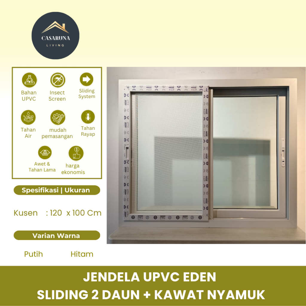 EDEN JENDELA UPVC sliding 2 daun + kawat nyamuk ukuran L120 x  T 100 cm komplit set, modern