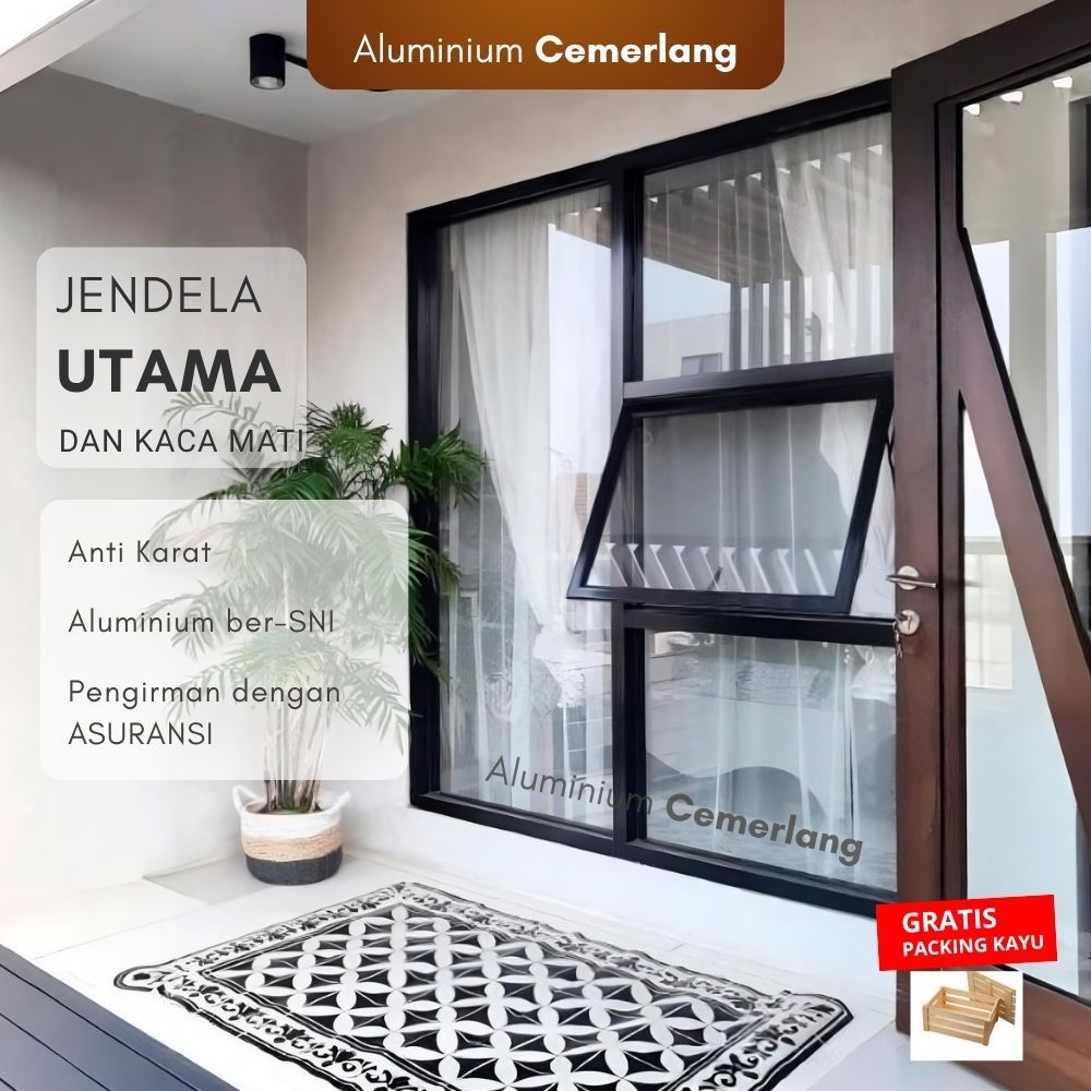 Jendela Aluminium dan Kaca Mati Free Packing Kayu