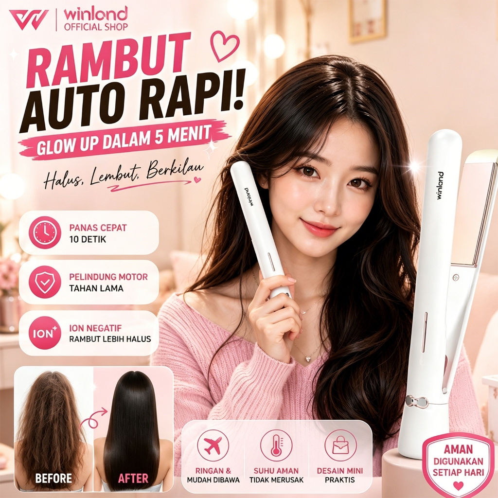Winland Catokan Rambut Catok Rambut 3in1 220°C Nano Silver Hair Straightener - Curly - Blow Warna Pi