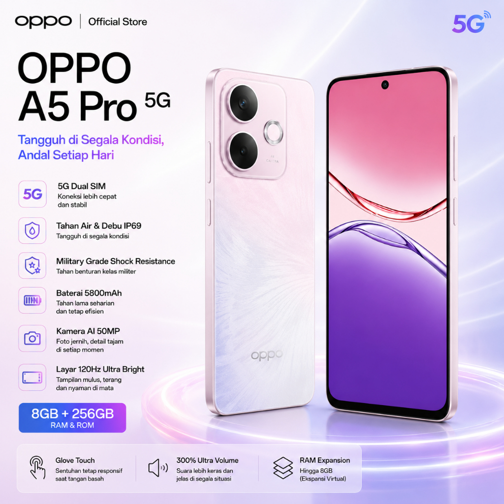 (NEW) OPPO A5 Pro 5G Smartphone (8GB+256GB) – 6.67" Display | 50MP AI Camera | 5800mAh Battery