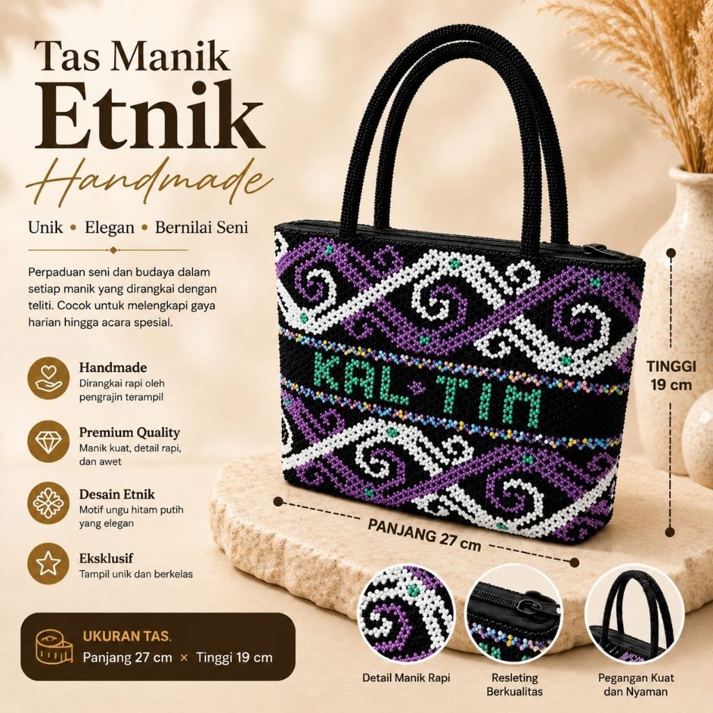 Tas Tiung Manik Dayak Khas Kalimantan Timur Handmade | Tas Etnik Elegan Motif Tiung Khas Kaltim