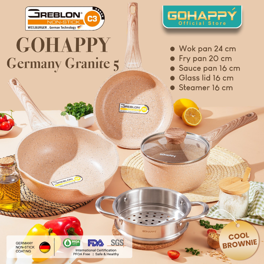 PANCI SET 5 PC Gohappy Germany Granite ORIGINAL GREBLON C3 kuat DC technology, handle silicone halus