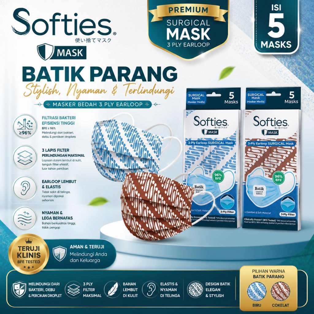 Masker Softies Surgical Batik Isi 5 Tebal Nyaman 3 Ply Earloop Original