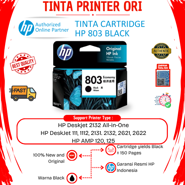 HP 803 Black Economy Cartridge Tinta Printer 1112 2132 2621 2622 Original Resmi