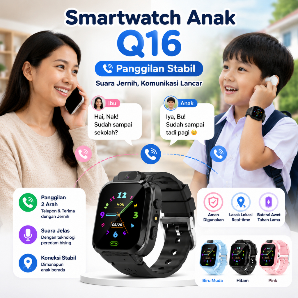 Smartwatch Anak Q16, Panggilan Stabil, Dilengkapi Pelacakan GPS & Fitur Tahan Air, Jam Telepon Anak 