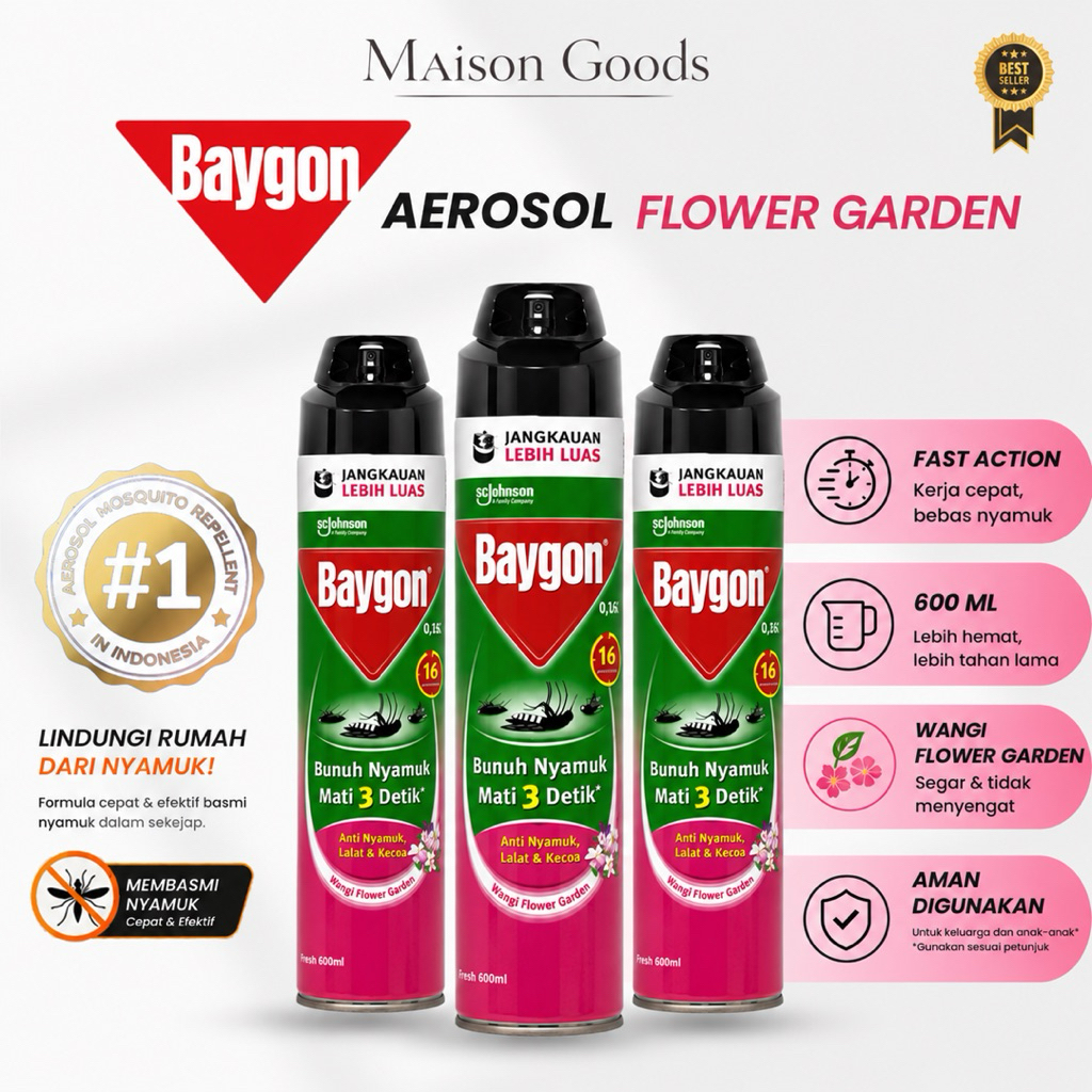 Baygon Flower Garden 600 ml - Obat Nyamuk - Bunuh Nyamuk Penyebab Demam Berdarah (DBD)