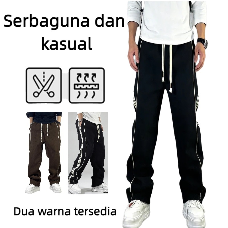 Celana chino panjang unisex longgar kotak kasual gaya Korea celana panjang kotak-kotak kasual longga
