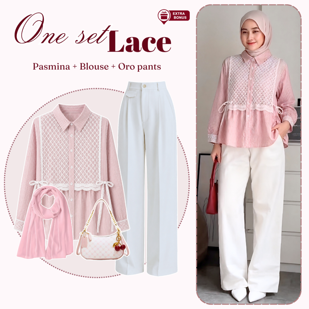 Oneset One set 3in1 setelan wanita blouse katun salur saluria garis mix brukat lace celana kantor or