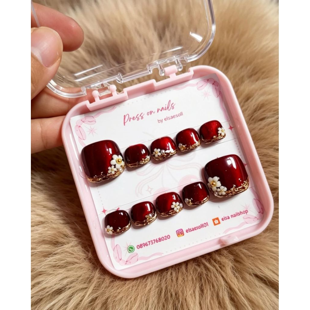 PRESS ON NAILS KAKI merah cat eye full 3 chrome & ACC bunga