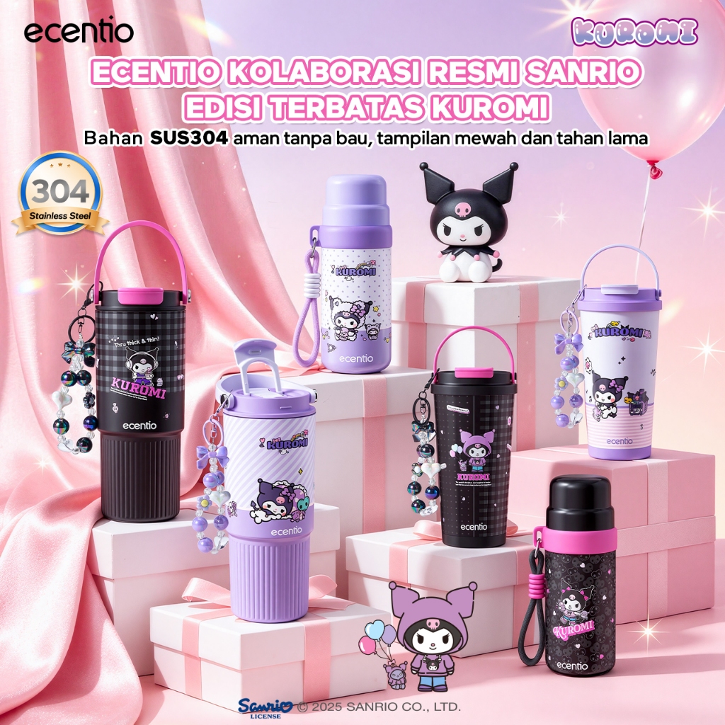 Ecentio x Kuromi Sanrio Official Tumbler Botol Minum Sekolah 350 580 850ml 304 Anti Bocor Gratis Aks