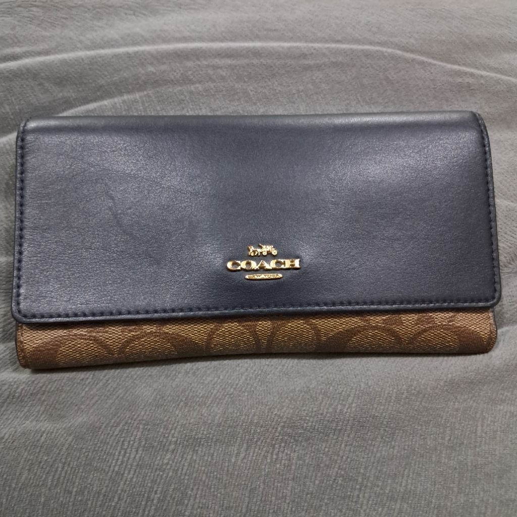 Dompet Coach Trifold Wallet In Signature Canvas Khaki Midnight Original