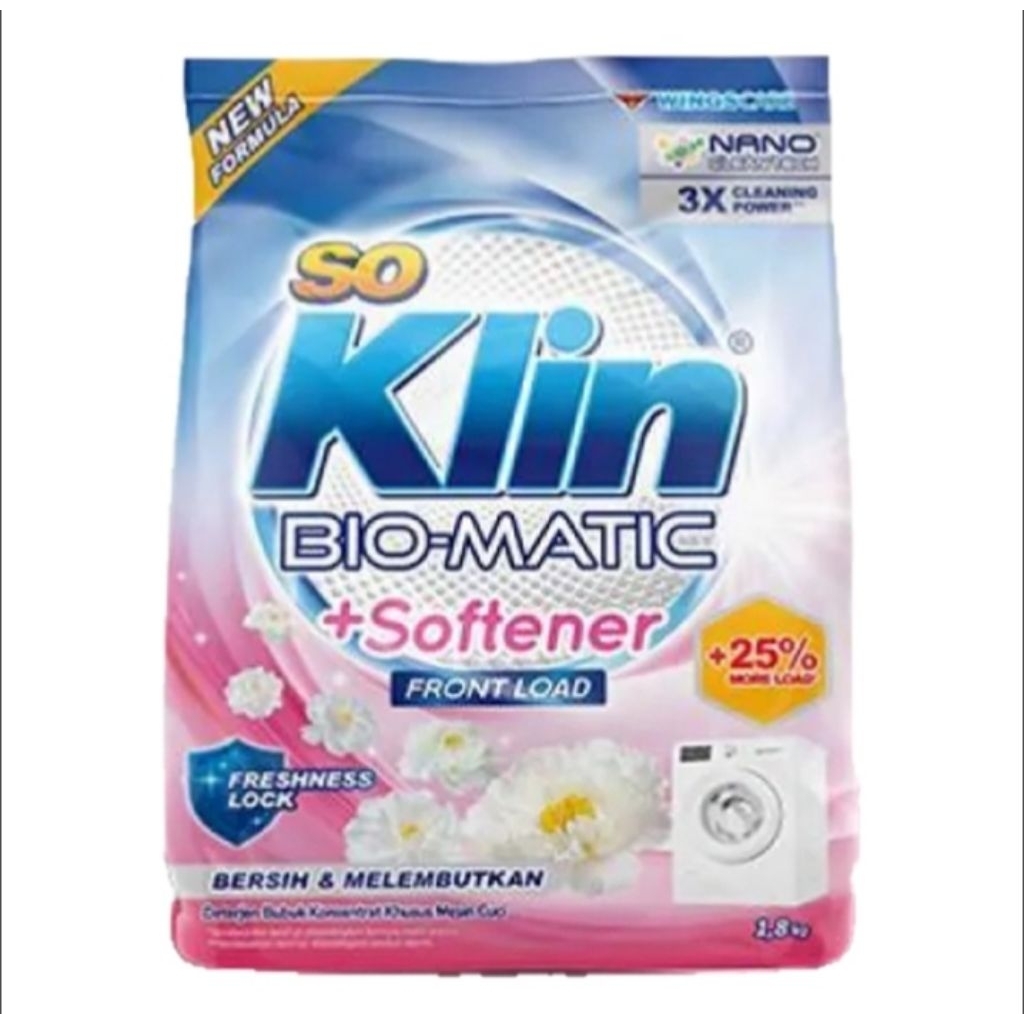 So Klin Bio-Matic Deterjen Bubuk + Pelembut Pakaian Mesin Cuci Bukaan Depan 1.8 KG
