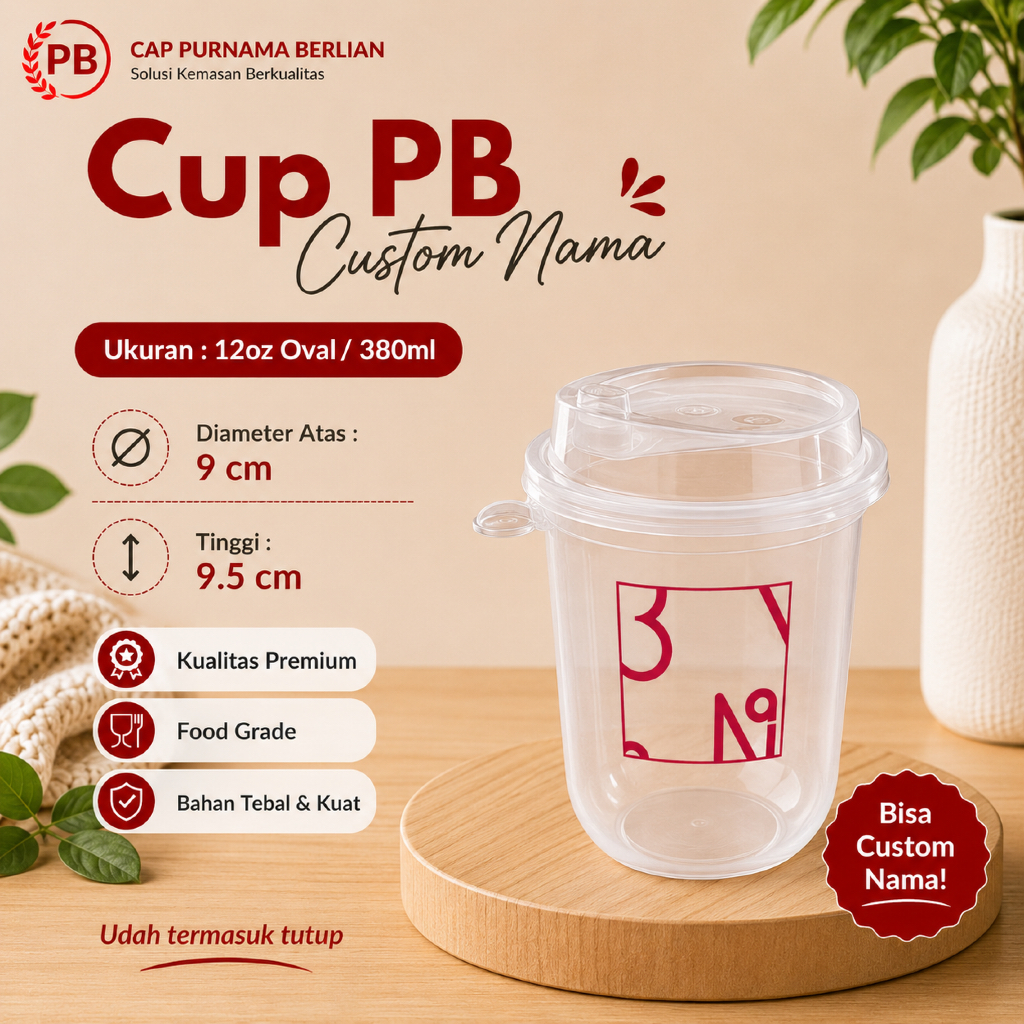 Cup Plastik PP Injection Oval 12oz 380ml Custom Logo Food Grade Cup Es Kopi Thai Tea