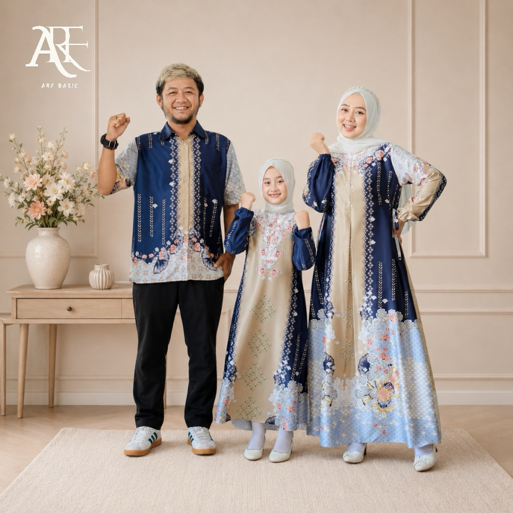 Gamis Sarimbit Couple Mewaha Keluarga Ayah Ibu dan Anak Perempuan Bahan Armany Silk Motif Bunga Terb