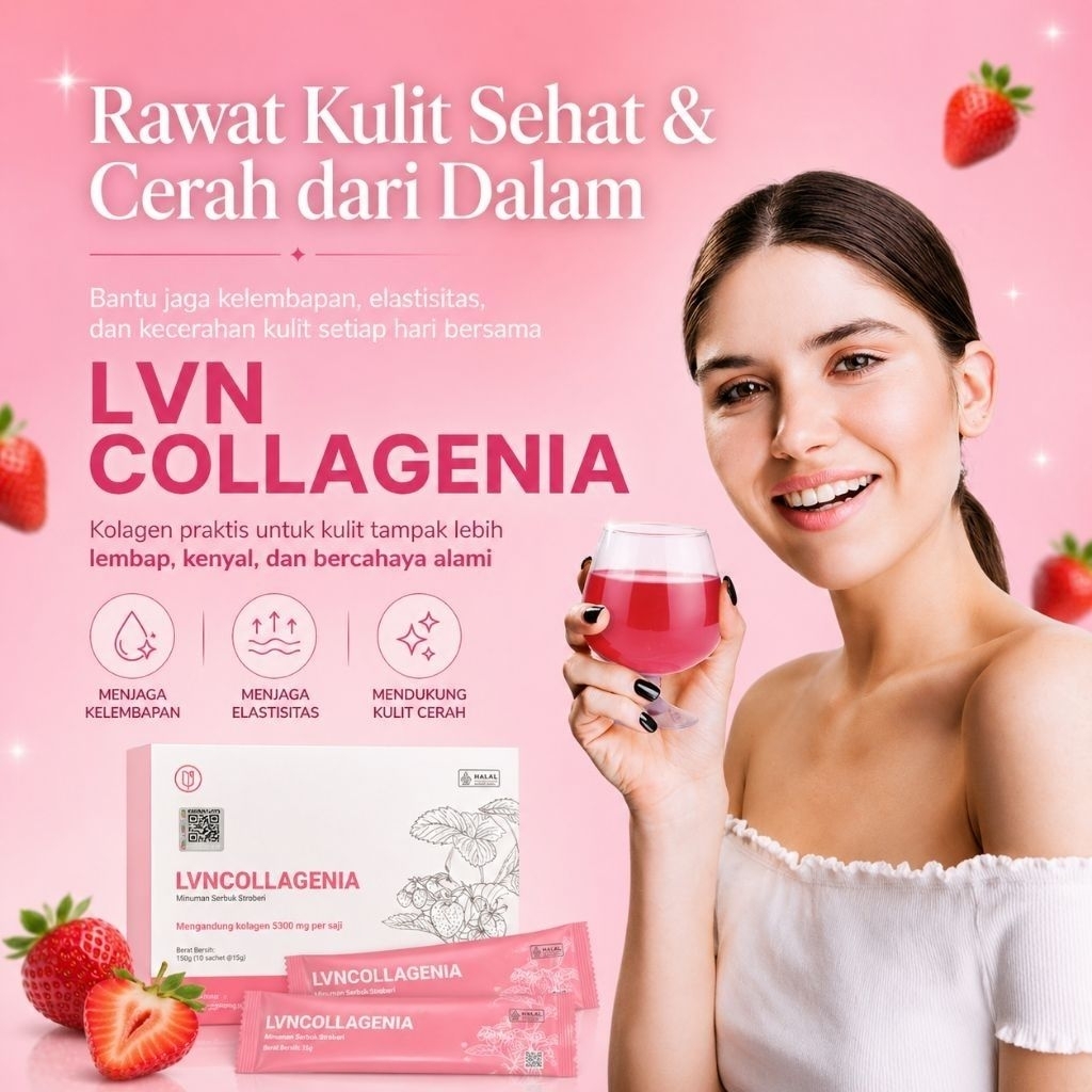LVNCOLLAGENIA Minuman Serbuk Collagen Rasa Strawberry Rahasia Kulit Awet Muda 100% Original