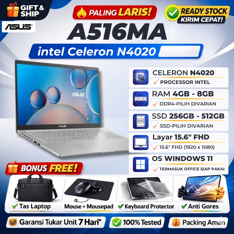 ASUS A516MAO intel N4020 8GB 512GB SSD Win11+Office 15.6"FHD