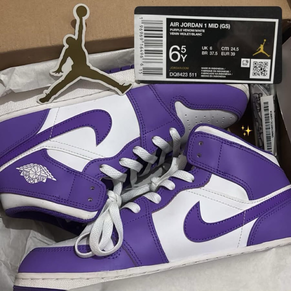 Nike Air Jordan 1 Mid GS Purple Venom White Original BNIB Sneakers Unisex + FREE 1 set tali sepatu
