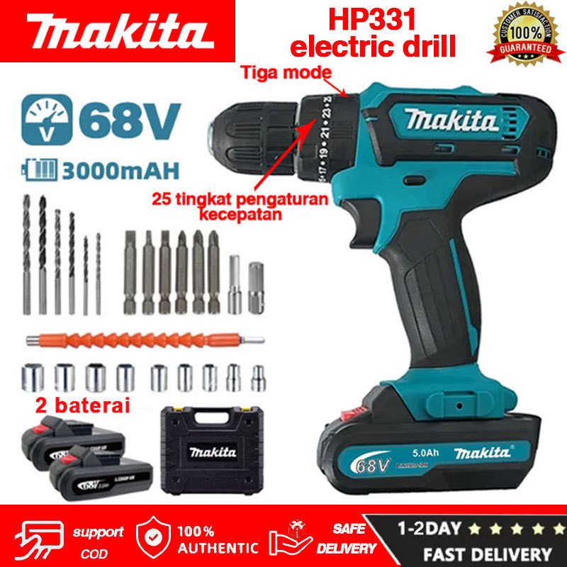 Makita HP331 68V Bor Listrik Baterai Ganda Bor Impact Bor Dinding Alat Obeng Bor Kayu