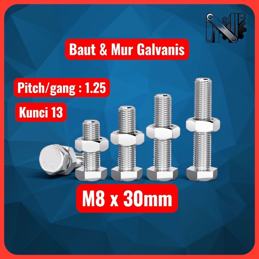 Baut mur Hex putih / baut mur galvanis M8 x 30mm