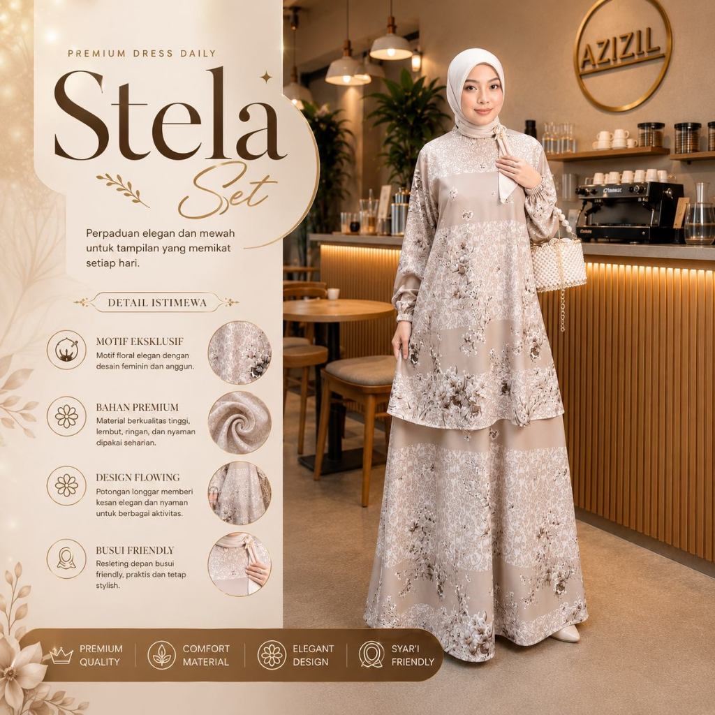 Azizil Fashion | Stela Set Maxmara Premium Motif Floral Elegan | Set Muslimah Kekinian Tunik Rok Pre