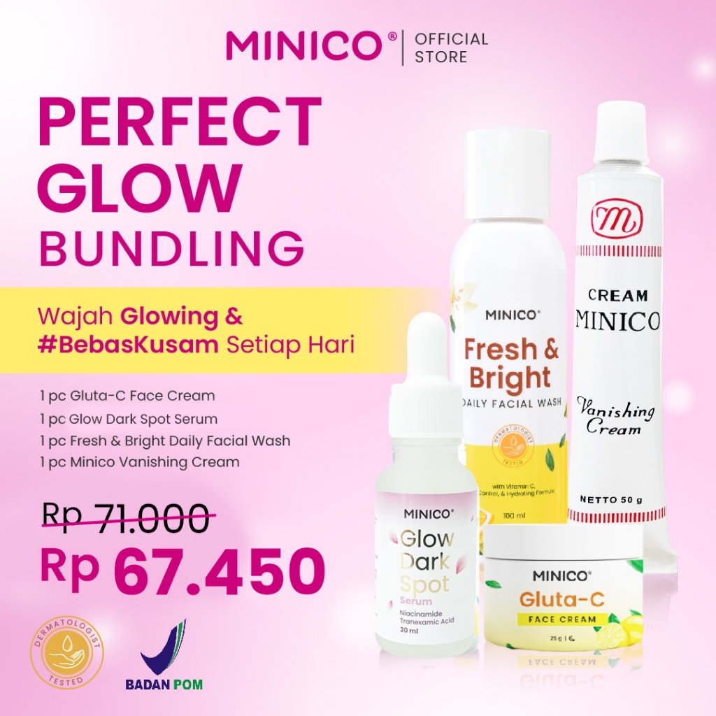 Minico 4in1 Perfect Glow Paket Bundle Skincare BPOM Face Wash Serum Tone Up Cream Krim Malam