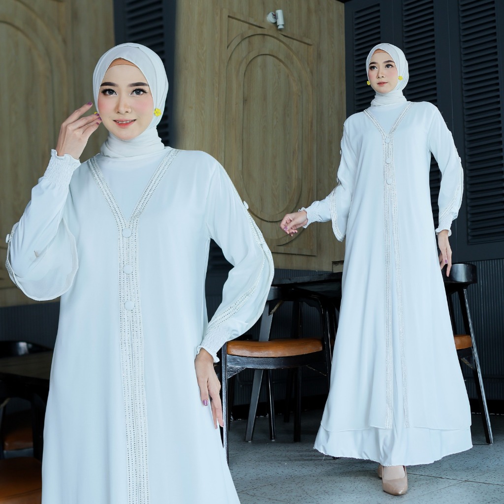Gamis Abaya Turkey Jersey Kombinasi Ceruty & Bordir Terbaru - Miska Putih