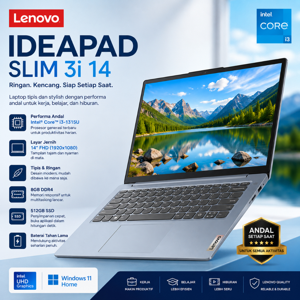 LAPTOP BARU Lenovo IdeaPad Slim 3i Intel Core i3 1315U 8GB 51GB SSD Windows 11 Full HD