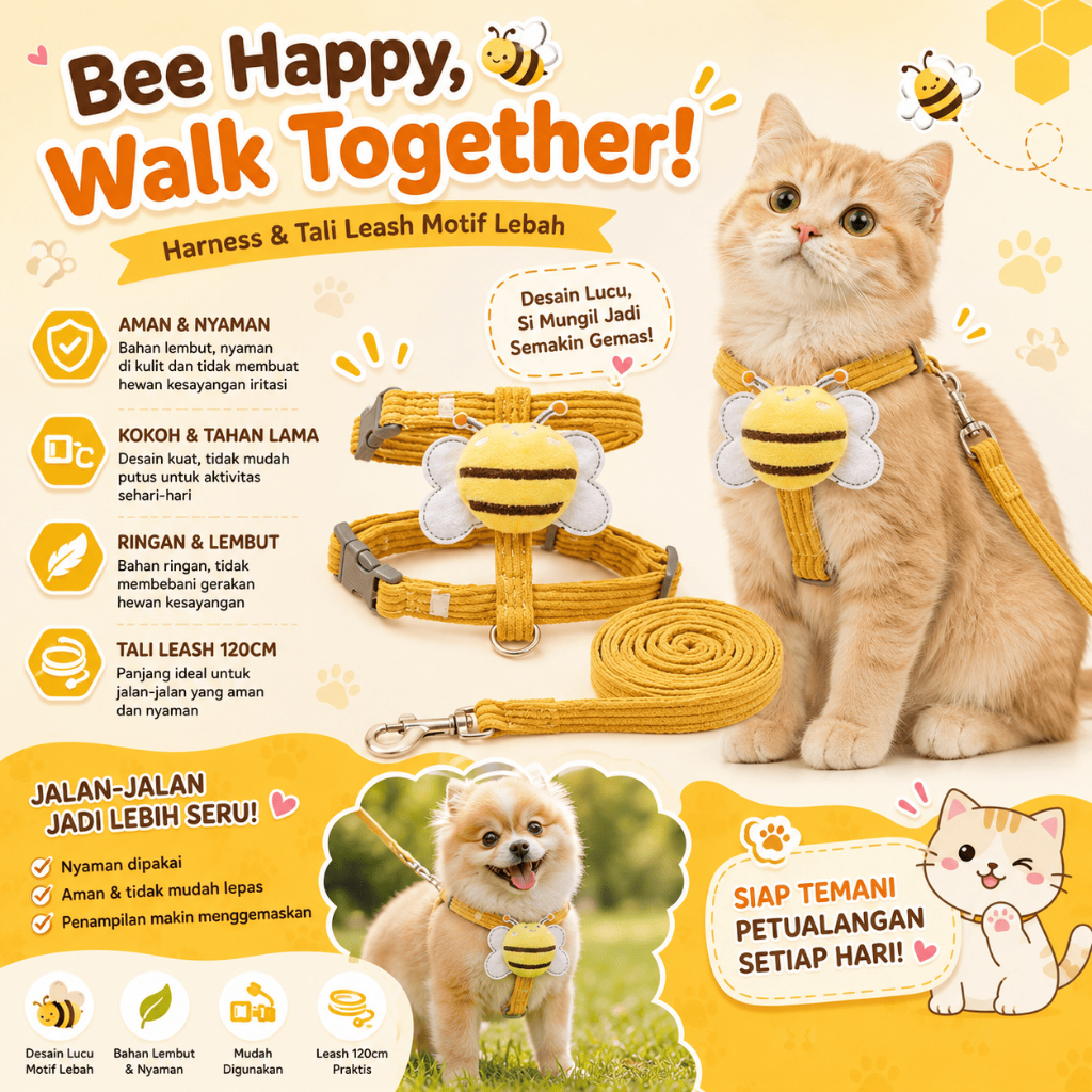 GOLDEN - Pet Harness "MOTIF LEBAH" Kalung Tali Tuntun Hewan - Tali Tuntun Anabul Atau Hewan Pelihara