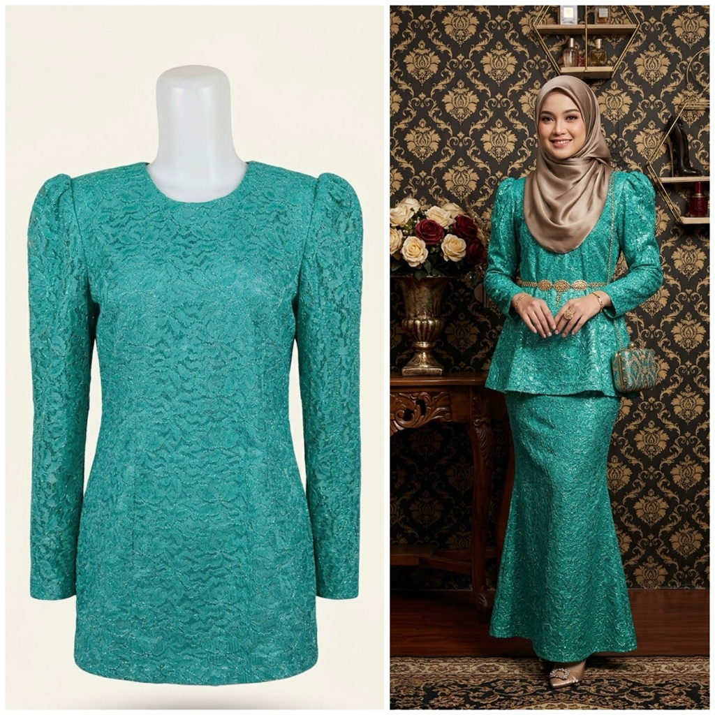 Atasan Blouse Brokat Premium Lengan Puff Mewah / Baju Kondangan Wanita Kebaya Modern Tosca