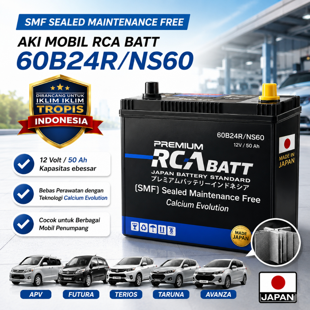 Aki Mobil RCA BATT 60B24R NS60 SMF 12V 50Ah Maintenance Free Aki Mobil Kering APV Avanza Xenia