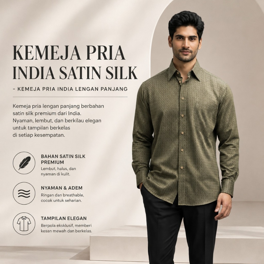 KEMEJA PRIA INDIA SATIN SILK - KEMEJA PRIA INDIA LENGAN PANJANG
