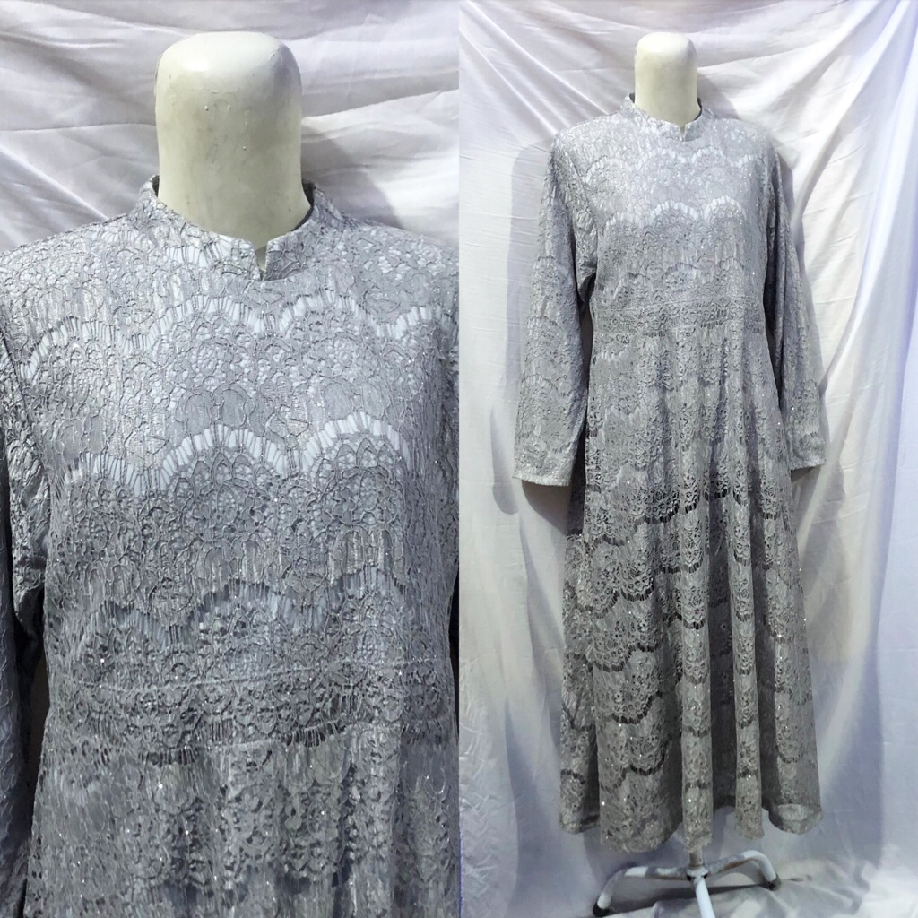 Gamis abu abu grey long dress baju lebaran brukat  semi kebaya lace brokat