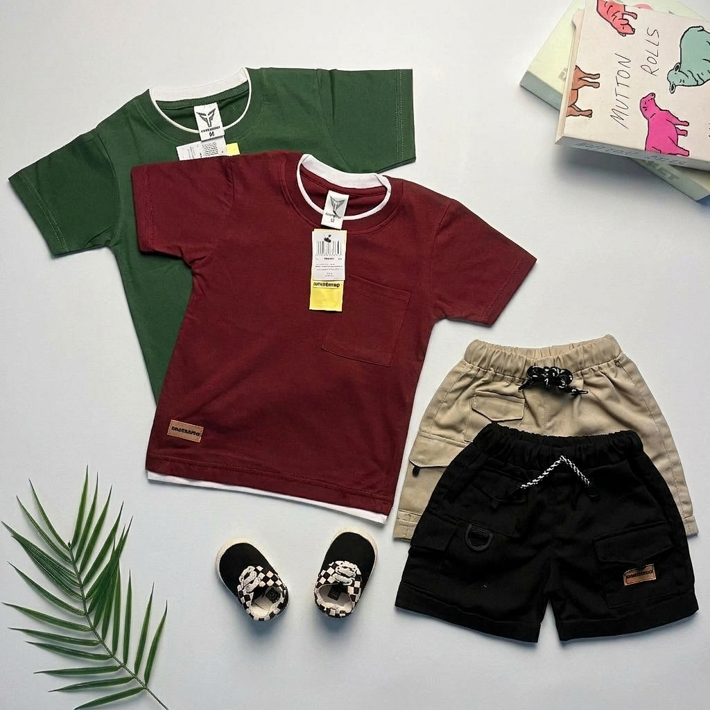 BRAVEKIDS FASHION TWO LAYER SETELAN ANAK 1-5 TAHUN, TSHIRT KATUN 24s & CELANA CARGON UNION DRILL, BA