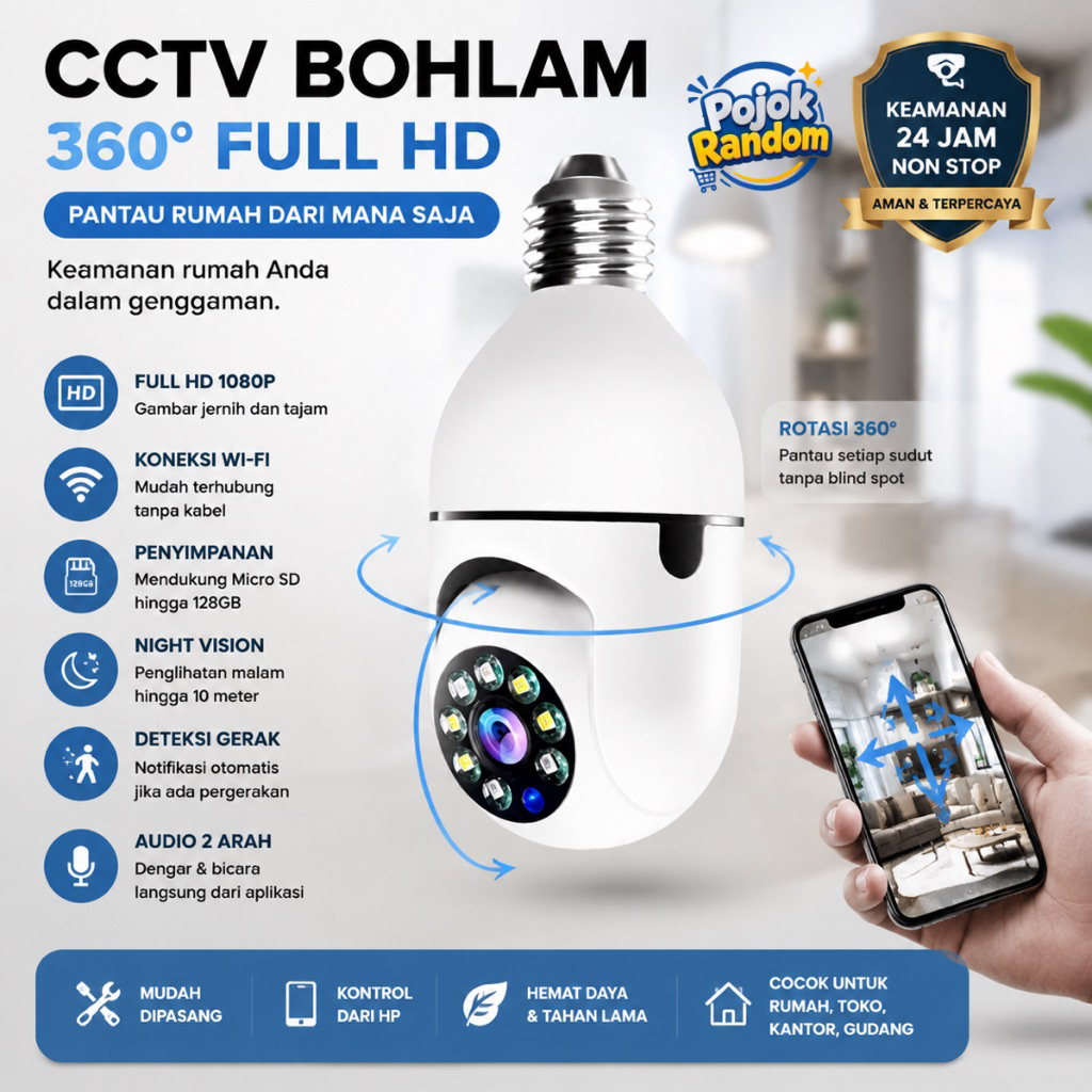 CCTV Wifi Jarak Jauh Tanpa Kabel Tersembunyi Full HD 360 Derajat