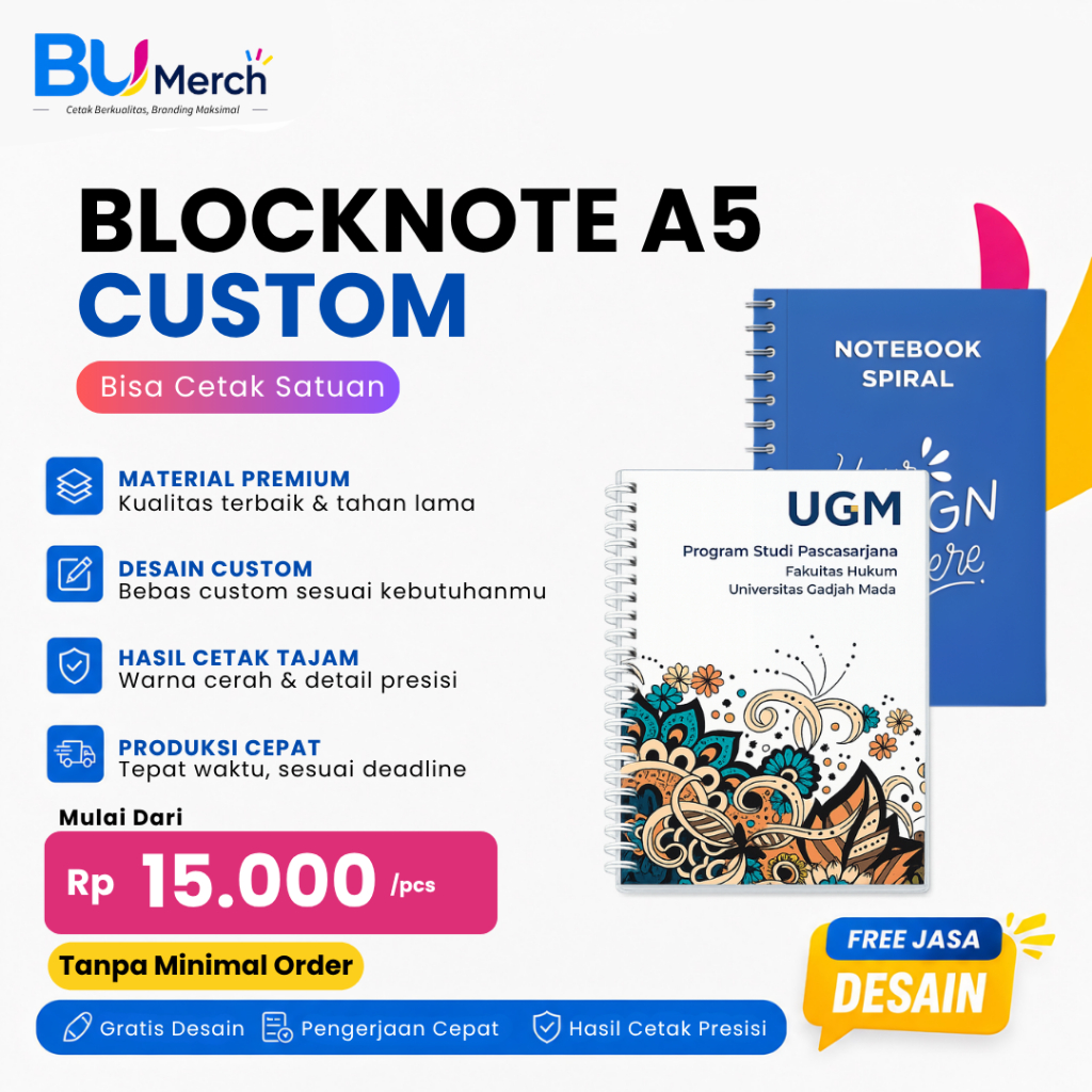 Blocknote A5 Spiraal Custom | Cetak Blocknote Satuan |Isi 50 Lembar | Notebook Spiral Custom Desain