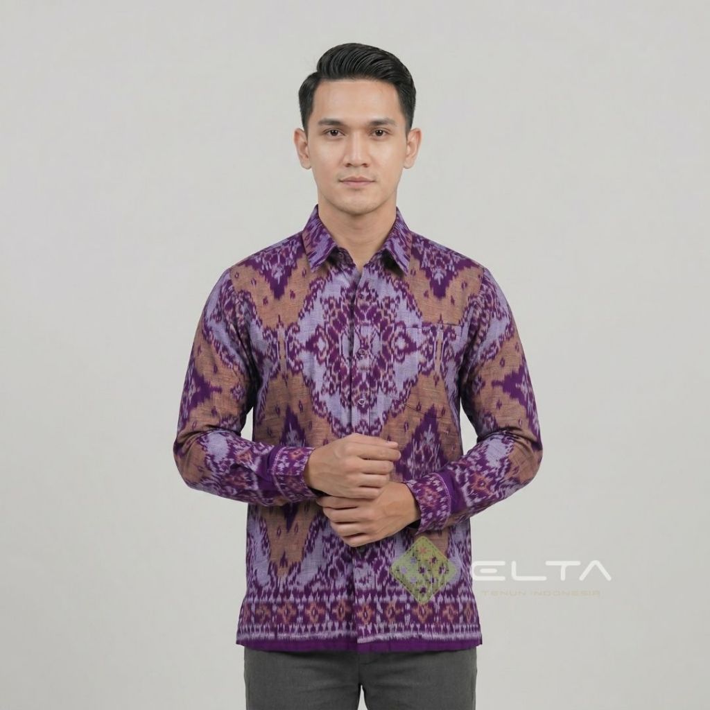 kemeja pria lengan panjang tenun endek bali motif lobeng baju kantor seragam guru